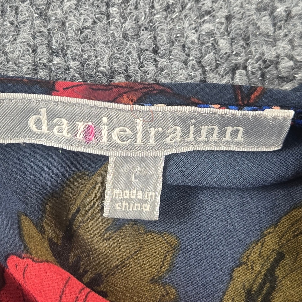 Daniel Rainn Blouse Women Large Blue Red Mixed Floral Smocked Peasant - Picture 3 of 9